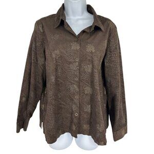 Chico's Button-Up Blouse With Gold Leaf Pattern Textured Fabric Womens Size L